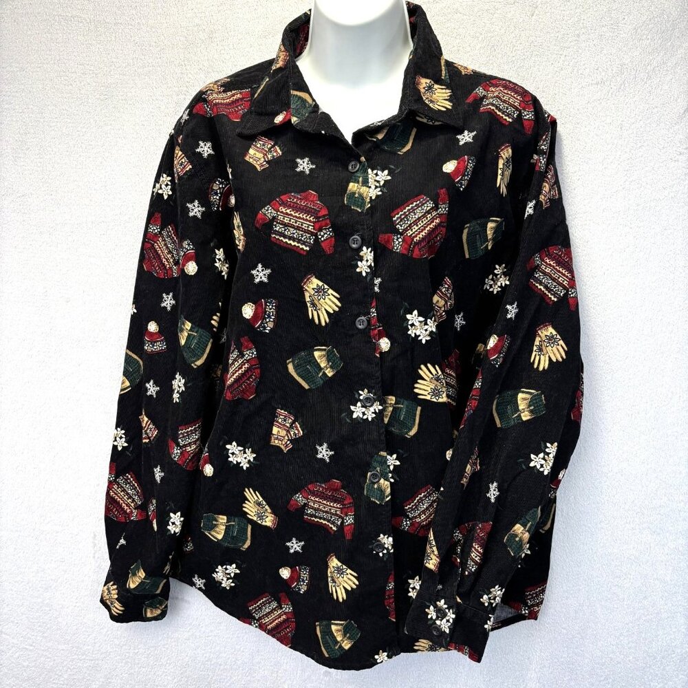 Vintage Talbots Winter Print Corduroy Button Up Shirt Womens Medium Black Red